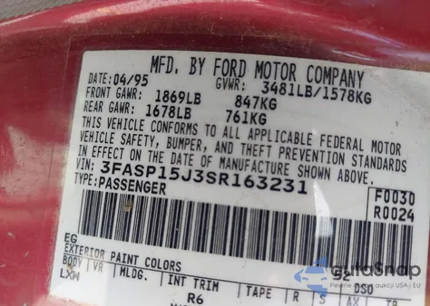 1995 Ford Escort Lx/Sport z USA, uszkodzony, nr VIN 3FASP15J3SR163231